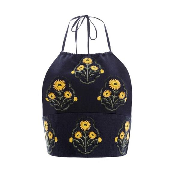 Agua By Agua Bendita Castaa Embroidered Linen Cropped Halter Top - S- Navy - Picture 1 of 5